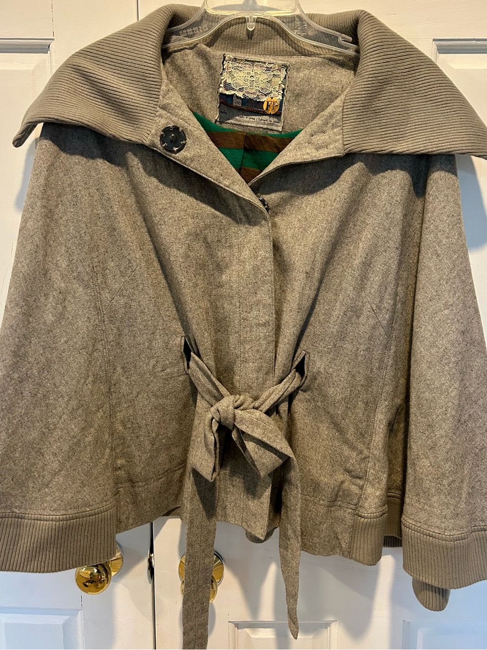 Free People Gray Tie-Waist Wool-Blend Cape Jacket